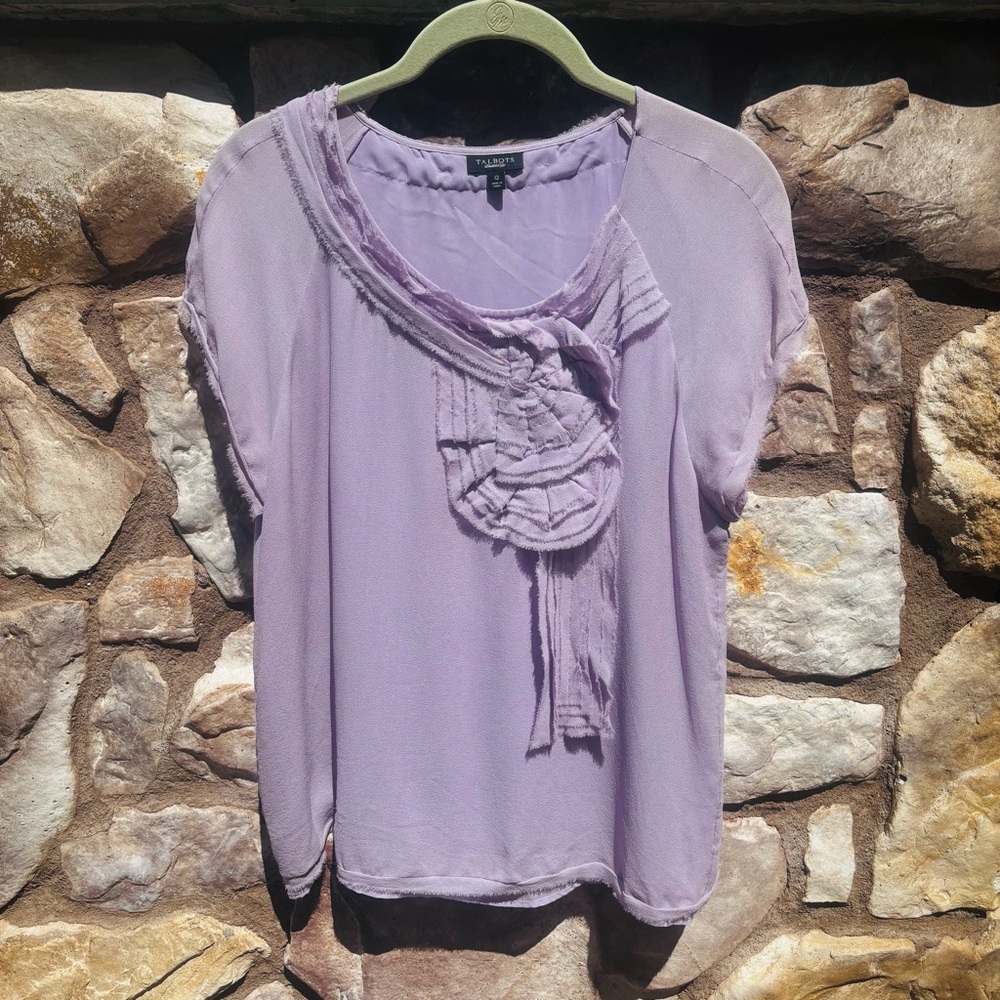 Talbots Lavender Lilac Silk Short Sleeve Blouse Sz 12 Round Neck Floral Flower